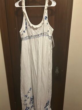 White Free People Gauze Tank Dress with Blue Embroidery
